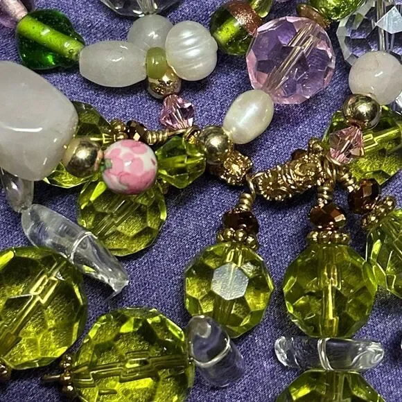 Handmade One of a Kind Green & Rock Crystal Rose Quartz Art Glass Necklace - Picture 9 of 9